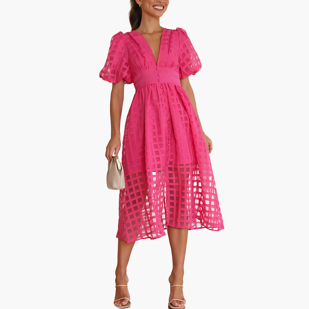 Aurelie | Women’s Cocktail Puff Sleeves Midi Dress