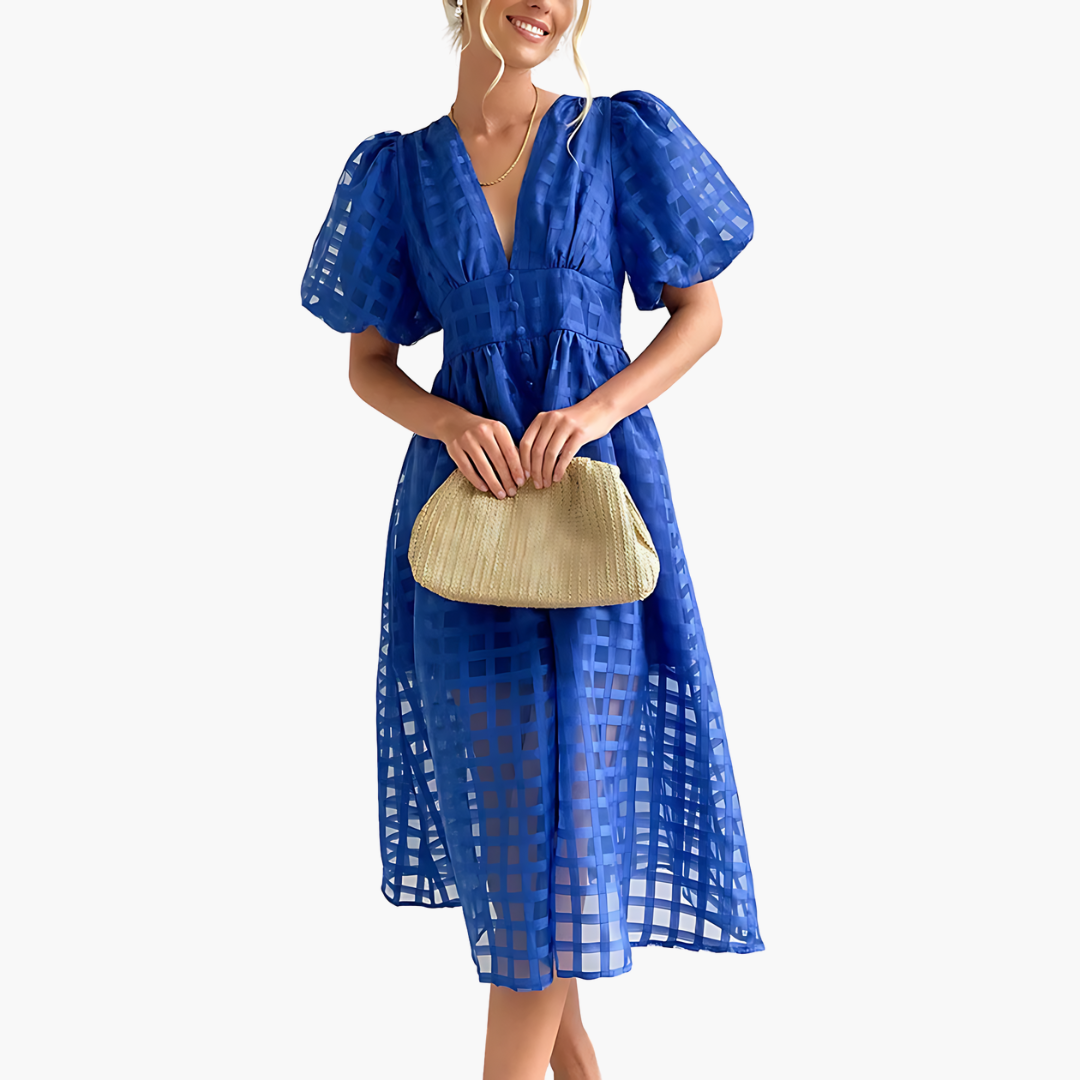 Aurelie | Women’s Cocktail Puff Sleeves Midi Dress