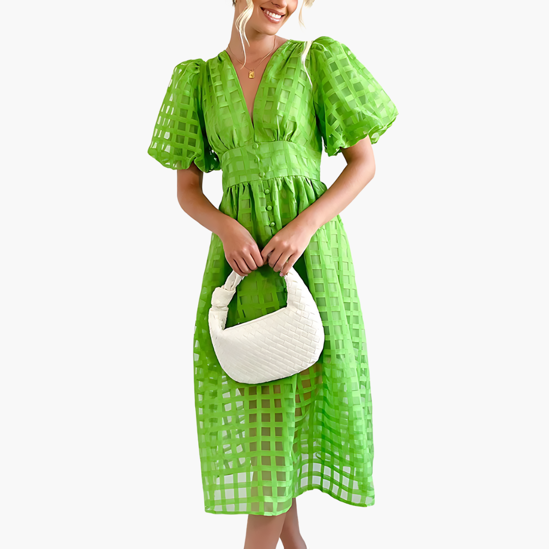 Aurelie | Women’s Cocktail Puff Sleeves Midi Dress