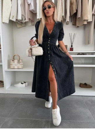 Runa | Women’s V Neck Button Front Midi Dress