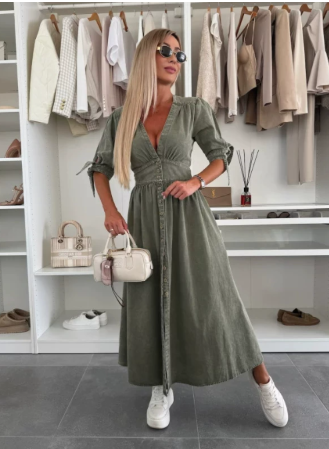 Runa | Women’s V Neck Button Front Midi Dress