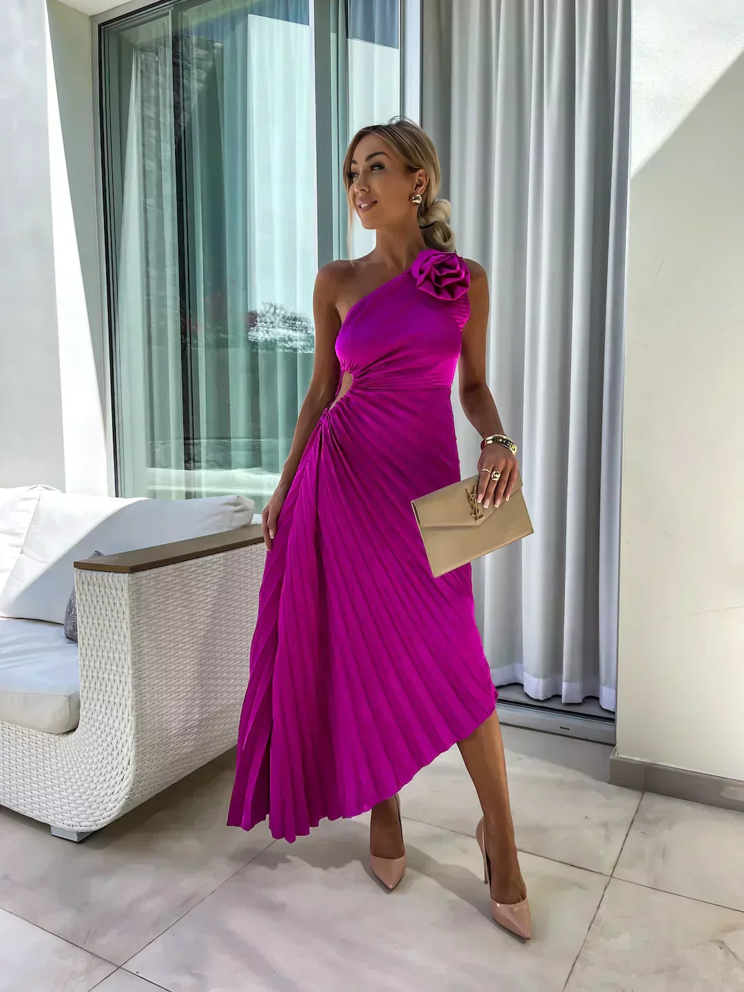 Hazel | Women’s One Shoulder Pleated Maxi Dress