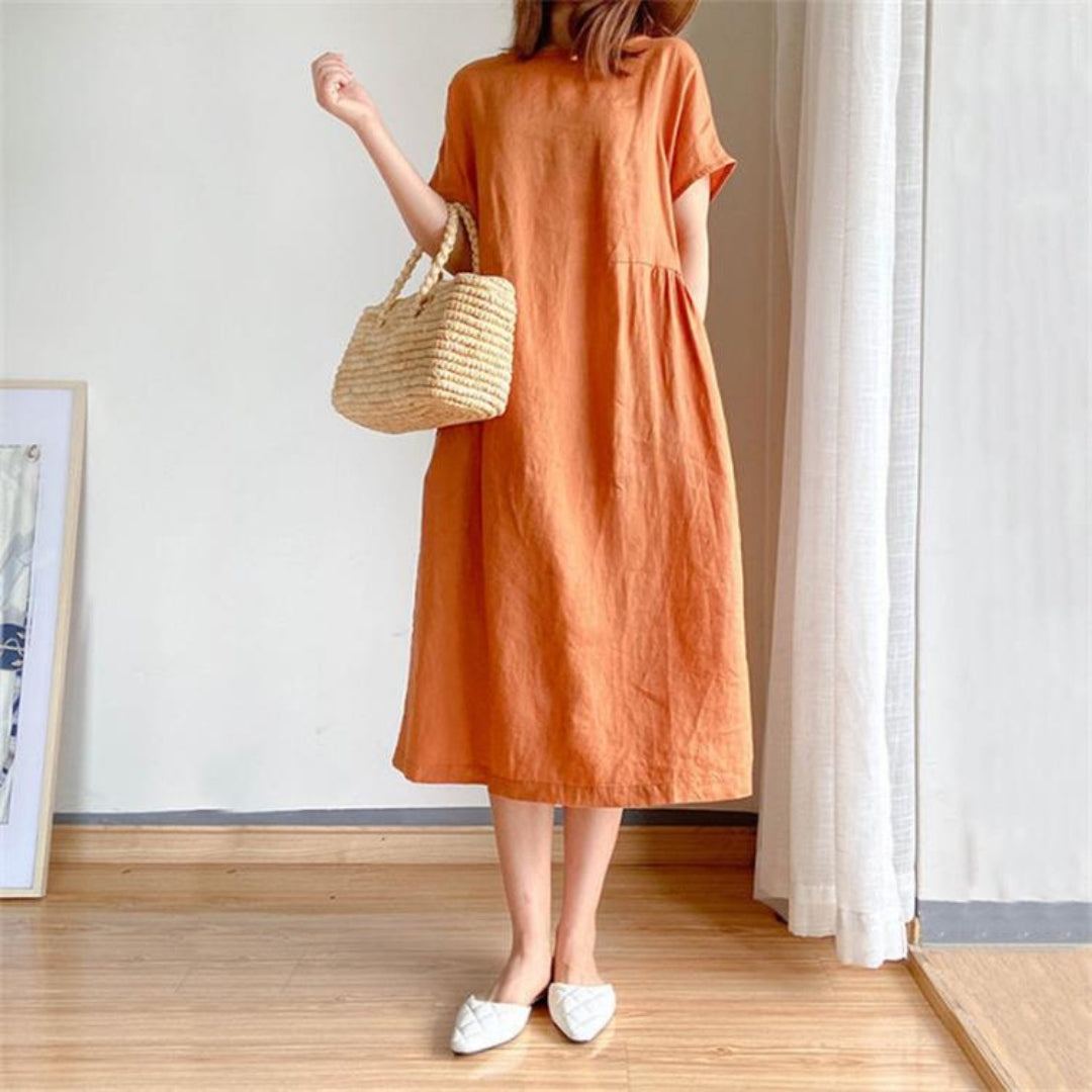 Elris | Women’s Linen Short Sleeve Midi Dress