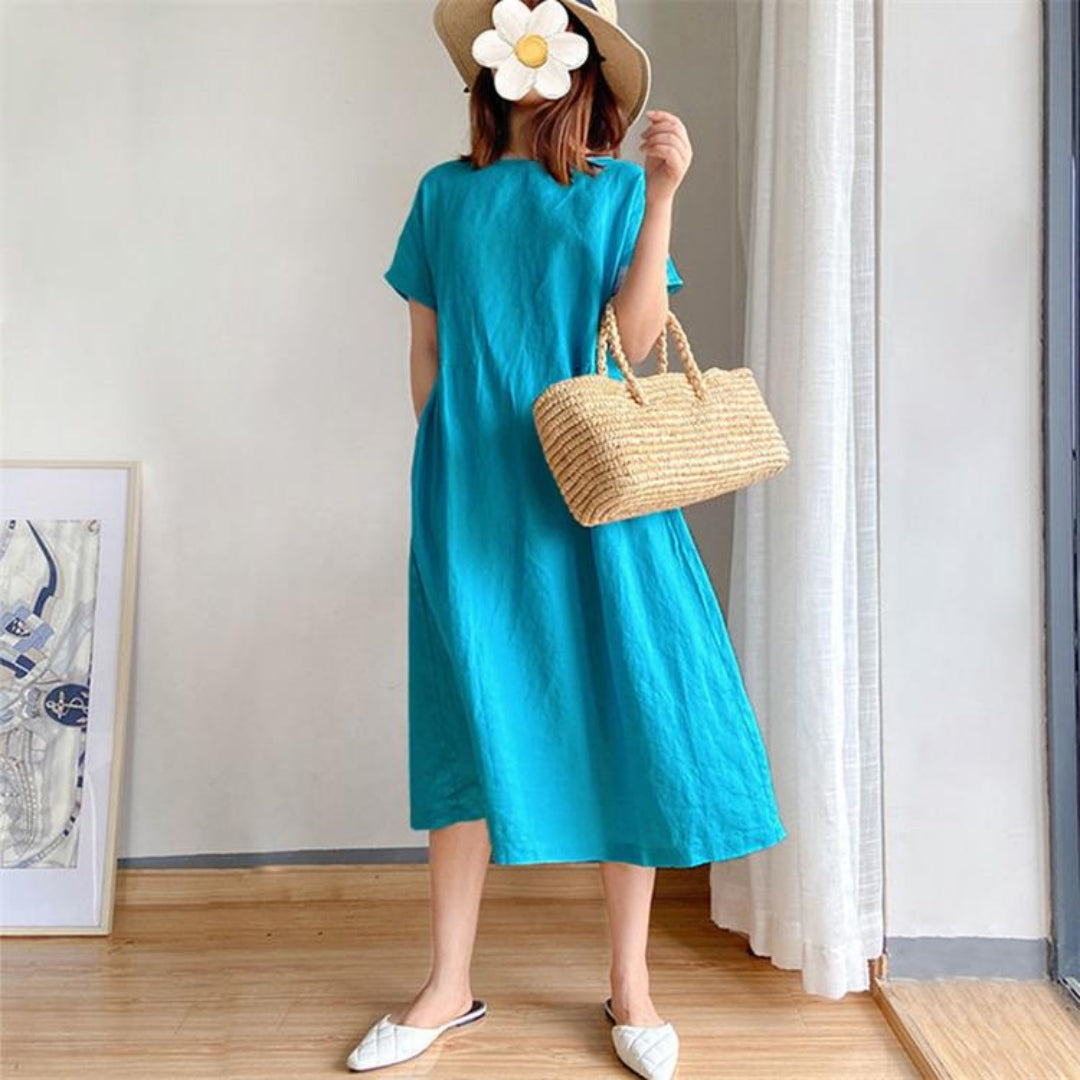 Elris | Women’s Linen Short Sleeve Midi Dress