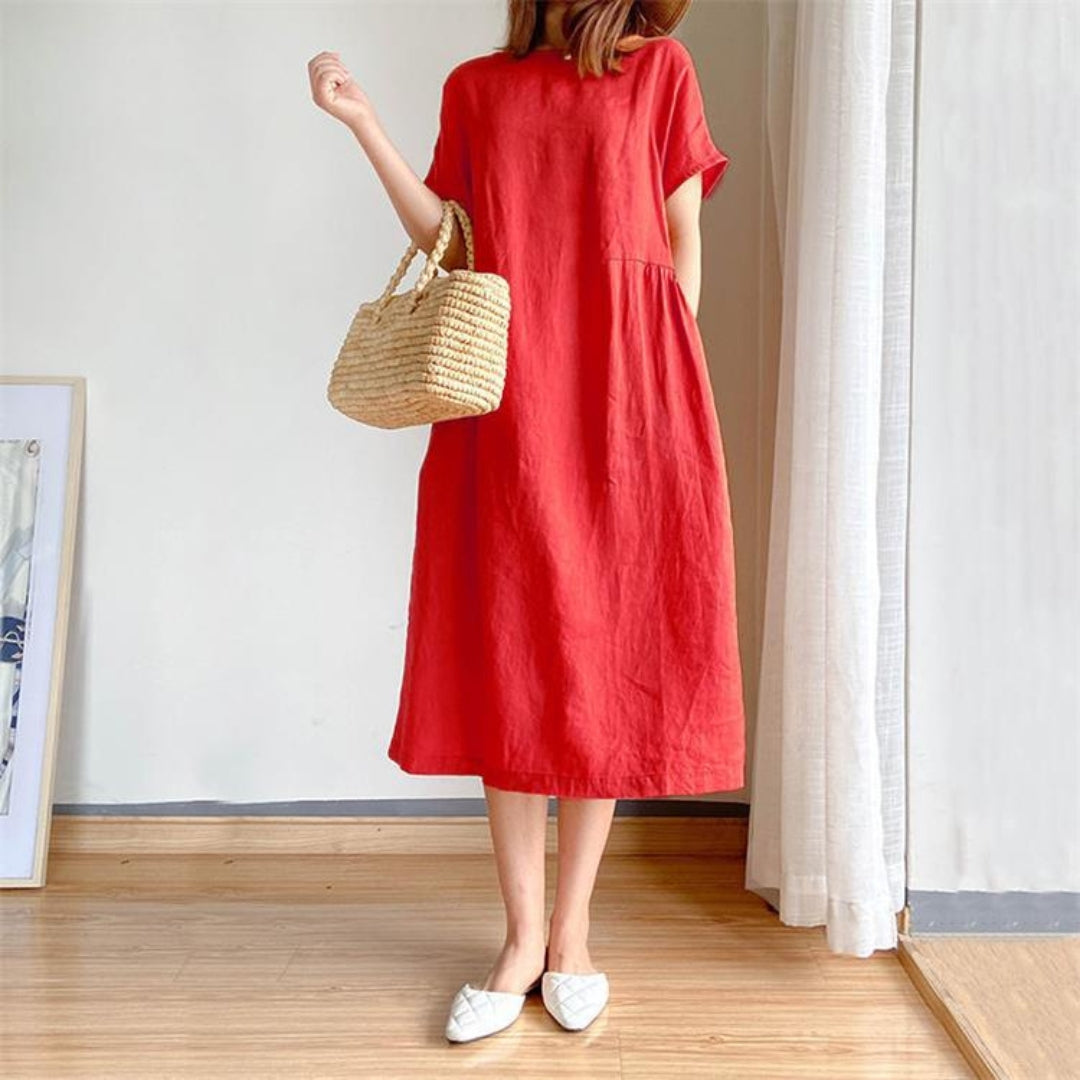 Elris | Women’s Linen Short Sleeve Midi Dress