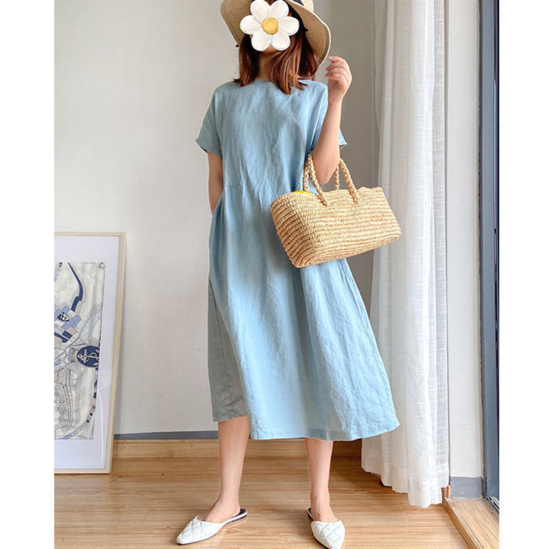 Elris | Women’s Linen Short Sleeve Midi Dress