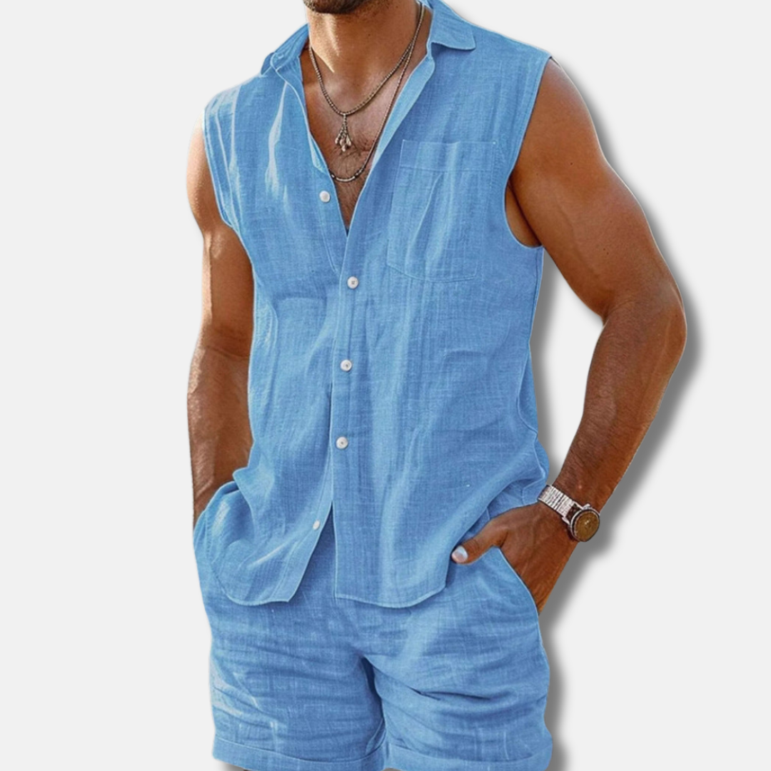 Oliver | Men’s Sleeveless Button-Down Linen Shirt Set