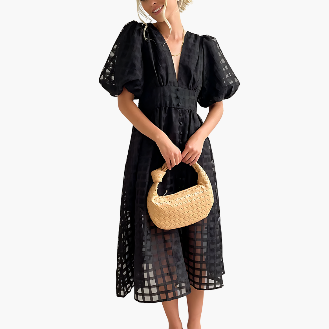 Aurelie | Women’s Cocktail Puff Sleeves Midi Dress