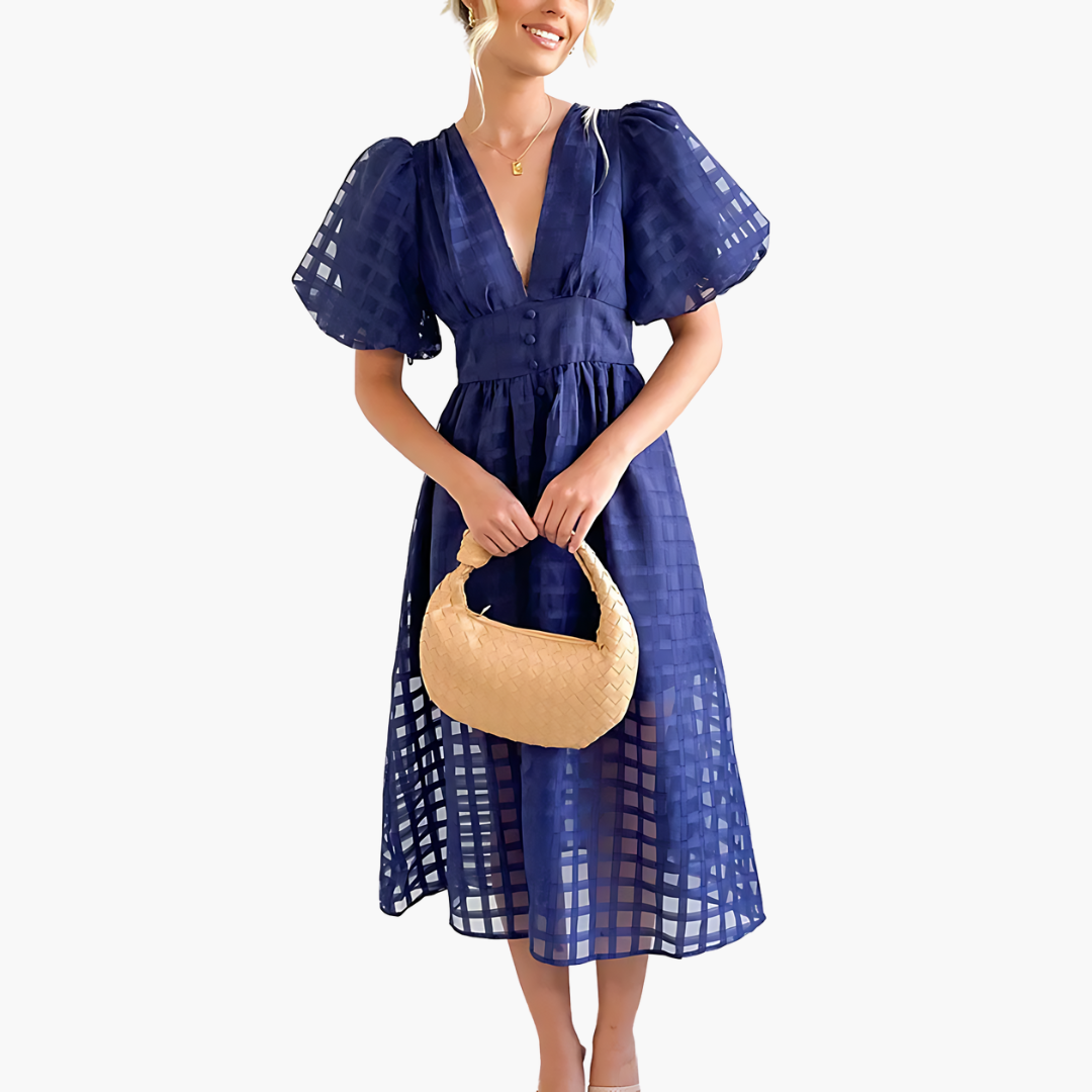 Aurelie | Women’s Cocktail Puff Sleeves Midi Dress