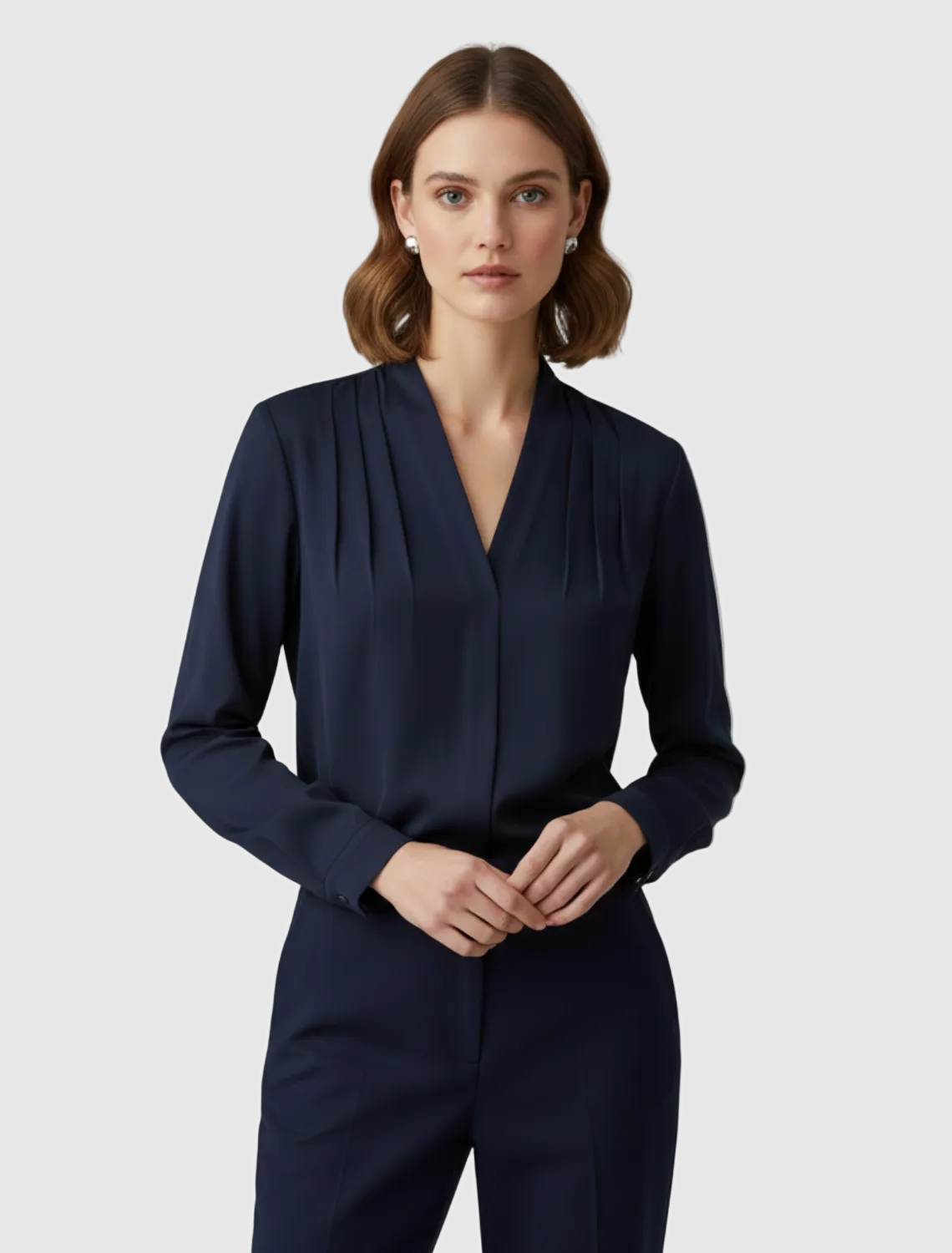 Kallista | Women’s Long Sleeve V Neck Pleated Blouse