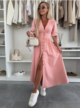 Runa | Women’s V Neck Button Front Midi Dress