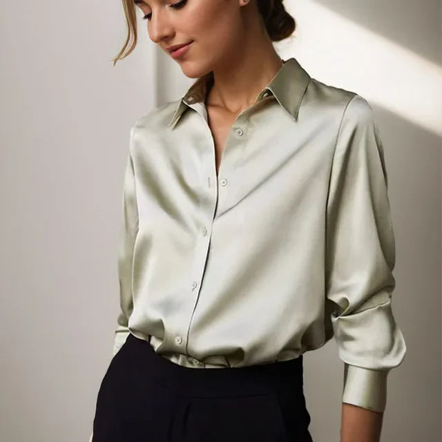 Nives | Women’s Satin Long Sleeve Collared Blouse