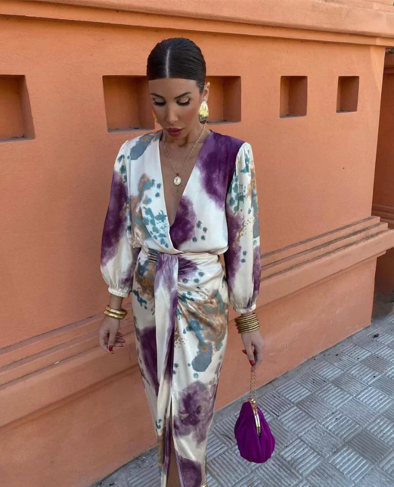 Domenica | Women’s Printed V Neck Midi Dress