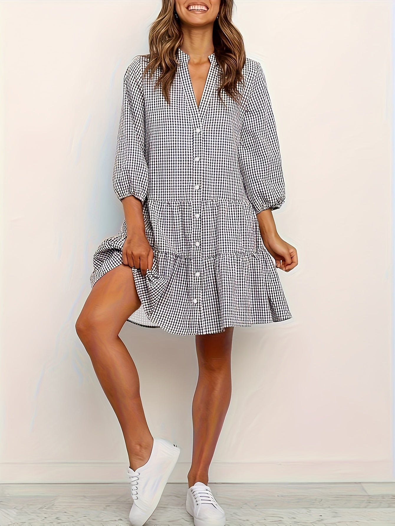 Daisy | Women's Gingham Tiered Mini Shirt Dress