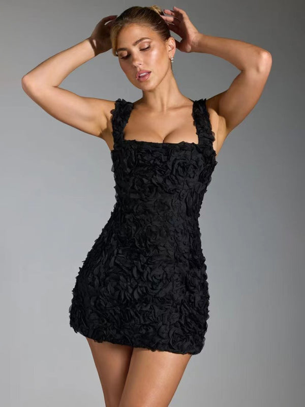 Alicia | Women's 3D Rosette Square Neck Mini Dress